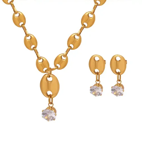 FXNT913 Zircon Inlaid Pig Nose Coffee Bean Chain Necklace & Earrings Set