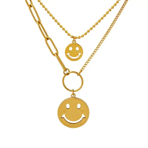 FXNT936 Smiley Face Double Layer Necklace, Splicing Clavicle Chain Pendant, Trendy Stacking Accessory