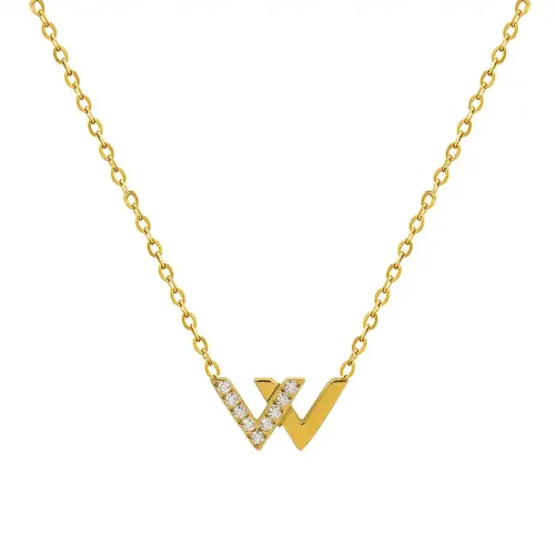 FXNT401 18K Real Gold Plated 'W' Diamond Clavicle Necklace Elegant Letter Pendant
