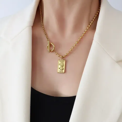 FXNT1157 Elegant 18K Gold Plated Geometric Square Clavicle OT Buckle Ball Chain Necklace