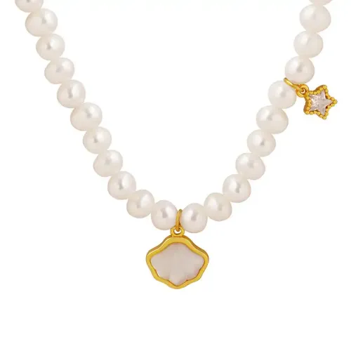 FXNT131 Multi-Layer Freshwater Pearl & Shell Necklace with Zircon Star Accents Chic Jewelry Accessory
