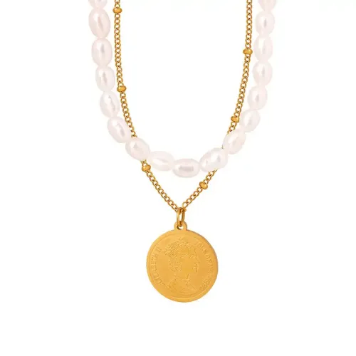 FXNT279 Gold Plated Double Layer Clavicle Necklace with Round Portrait & Freshwater Pearls for Women
