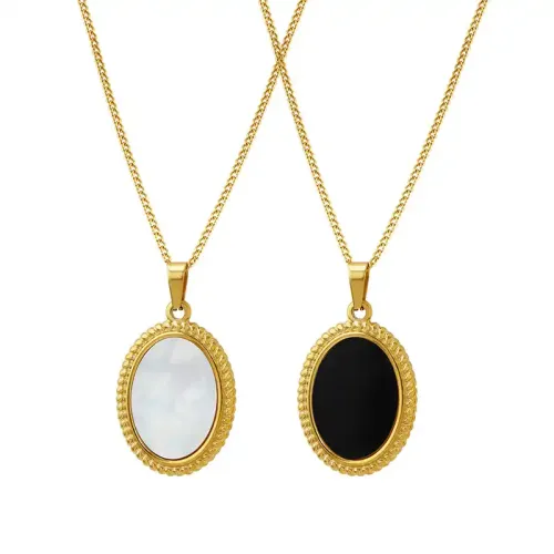 FXNT358 18K Gold Plated Women's Necklace Mirror Shell Oval Pendant with Elegant Clavicle Chain