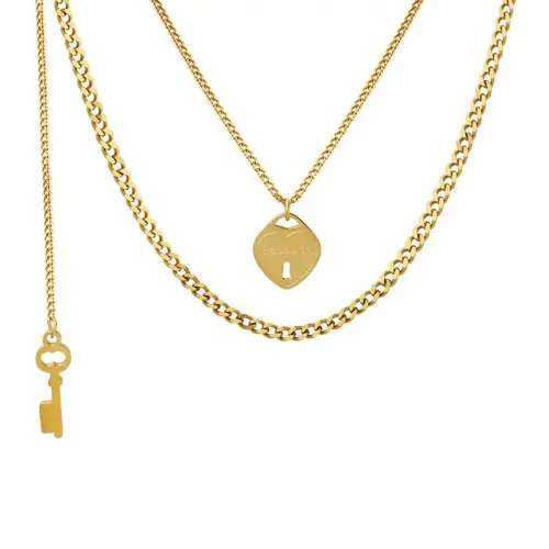 FXNT947 Double Layer Tassel Necklace with Heart Lock & Key Pendant for Lovers Jewelry