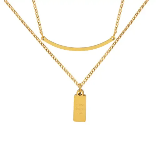 FXNT953 Gold-Plated Square Plate Engraved Pendant & Double Chain Clavicle Necklace for Women
