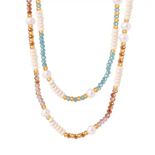 FXNT49 Natural Freshwater Pearl Bead Necklace Japanese & Korean Dopamine Girls Style with Glass Stones