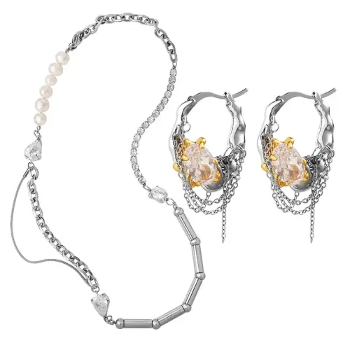 FXNT484 Chic Copper Earrings & Necklace Set with Freshwater Pearl and Zircon Inlay