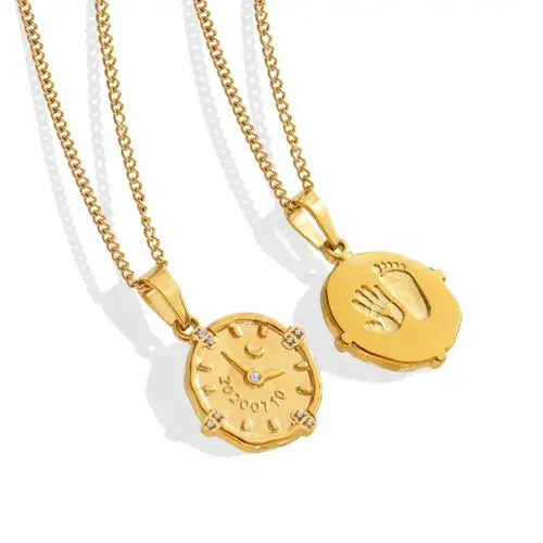 FXNT875 Double-Sided Zircon Timepiece Necklace with Hand & Foot Imprint Pendant