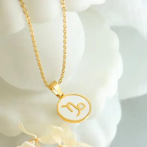 FXNT960 18K Gold-Plated Zodiac Signs Necklace Set with White Seashell Constellation Pendants
