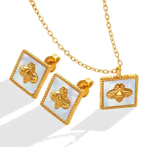 FXNT1045 Gold-Plated Bee Necklace & Earrings Set with Square White Seashell Inlay