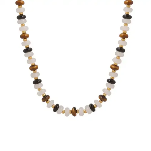 FXNT6 Elegant White Jade & Tiger Eye Stone Beaded Necklace with Black Agate for Women