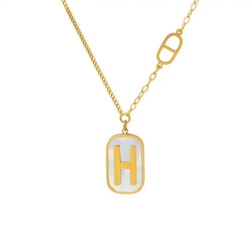 FXNT956 18K Gold-Plated H-Letter Necklace with White Sea Shell Pendant, Mixed Chain Sex Goddess Jewelry