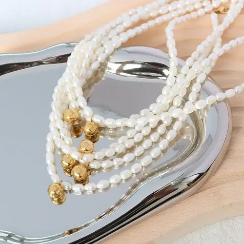 FXNT45 18K Gold-Plated Lady's Necklace with Freshwater Pearl & Steel Bead Pendant