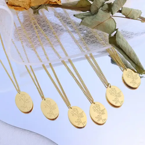 FXNT1113 18K Real Gold Plated Rose Oval Pendant Stainless Steel Luxury Necklace