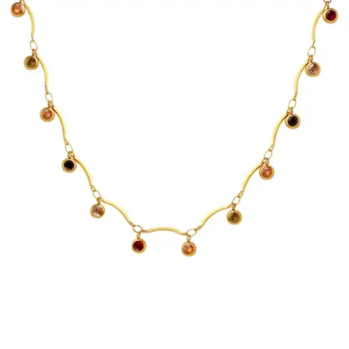 FXNT855 Elegant 18K Gold Plated Necklace with Colorful Zircon Pendant on Water Wave Chain