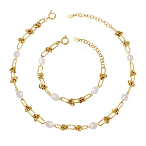 FXNT86 Gold Plated Twist Chain Set with Freshwater Pearl Elegant Necklace & Bracelet Combo