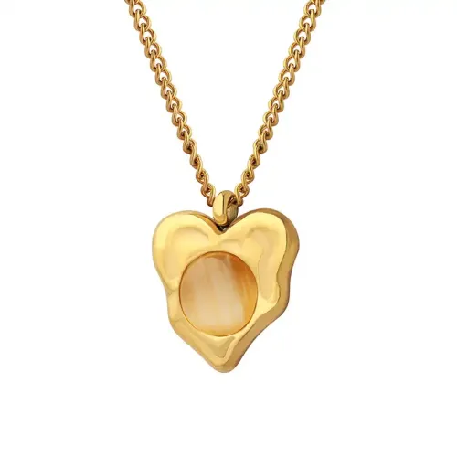 FXNT495 Elegant Gold-Plated Opal Heart Pendant Necklace Hong Kong Style Unisex Clavicle Chain