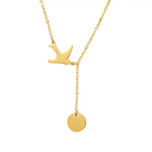 FXNT1162 Chic Swallow Tassel Round Pendant Necklace, Gold-Plated Adjustable Clavicle Chain