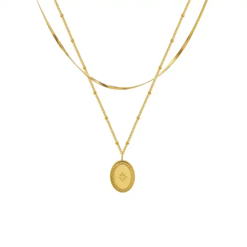 FXNT818 18K Gold-Plated Oval Lace & Eight-Pointed Star Double-Layer Necklace for Autumn/Winter