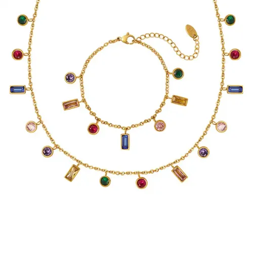 FXNT16 Vibrant Zircon Tassel Jewelry Set with Multi-Color Necklace & Bracelet