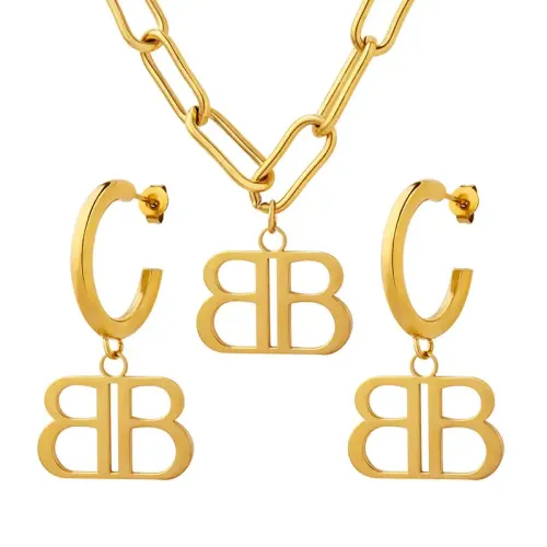 FXNT621 Gold Plated 'B' Pendant Necklace & Earrings Set Chic Jewelry Accessories