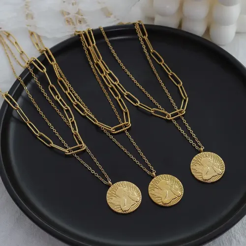FXNT1119 18K Gold Plated Angel Boy Pendant, Women's Double Layer Necklace Elegant Jewelry