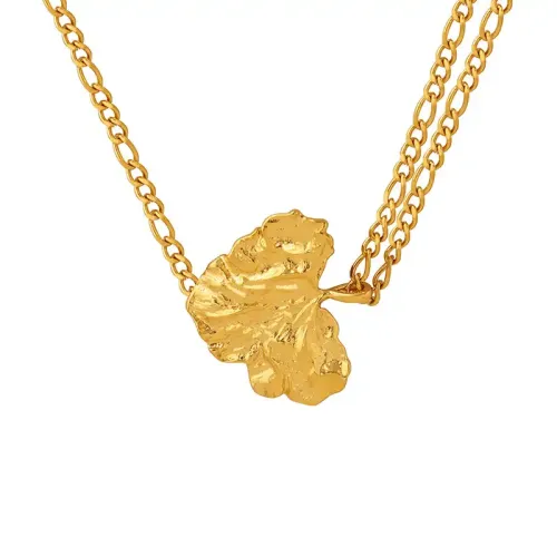 FXNT922 Gold Clavicle Chain Necklace with Peach Heart & Leaf Pendant for Women