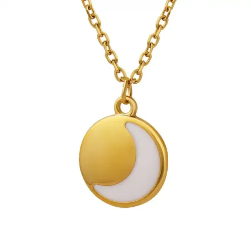 FXNT1011 Enamel Moon Crescent Pendant Necklace, Round Charm with Inlaid Design