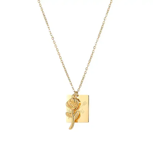 FXNT1235 Valentine's Greek Rose Square Pendant Necklace, English Style Women's Clavicle Chain Jewelry