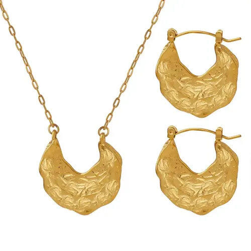 FXNT939 Unisex 18K Gold Plated Jewelry Set with Irregular Hammered Necklace & Earrings