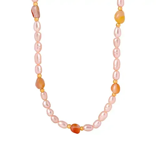 FXNT60 Elegant Pink Freshwater Pearl & Natural Stone Beaded Collarbone Necklace