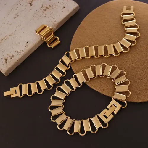FXNT388 Elegant 18K Real Gold Plated Hollow Geometric Ring Necklace & Bracelet Set