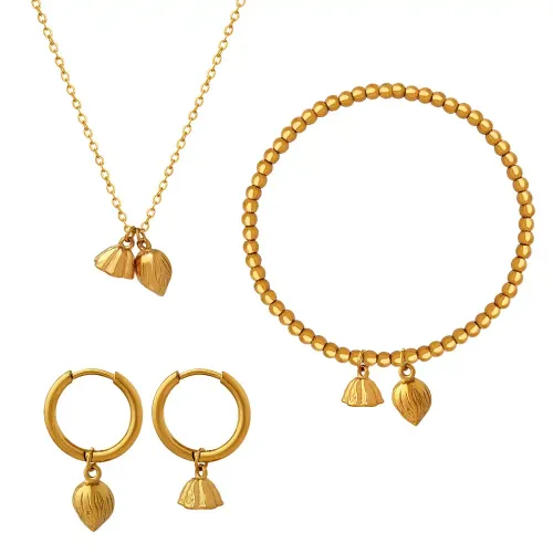 FXNT252 Women's Ethnic Lotus 18K Real Gold Plated Purse Necklace Bracelet & Earrings Set