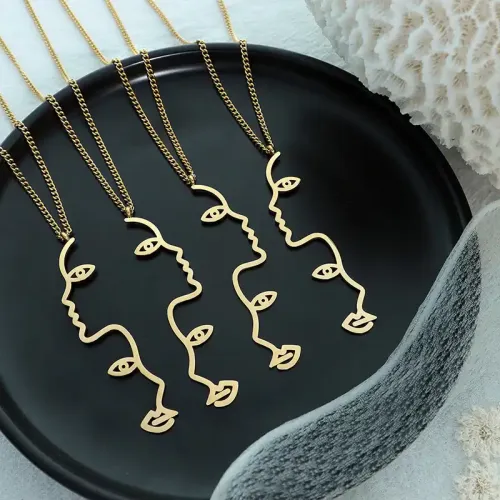 FXNT1124 18K Real Gold Plated Stainless Steel Necklace with Outline Face Pendant