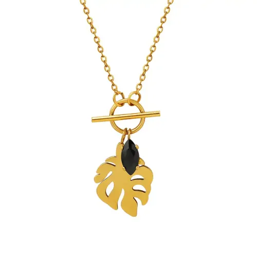 FXNT807 18K Gold Plated Leaf Necklace with Black Zircon Pendant for Women