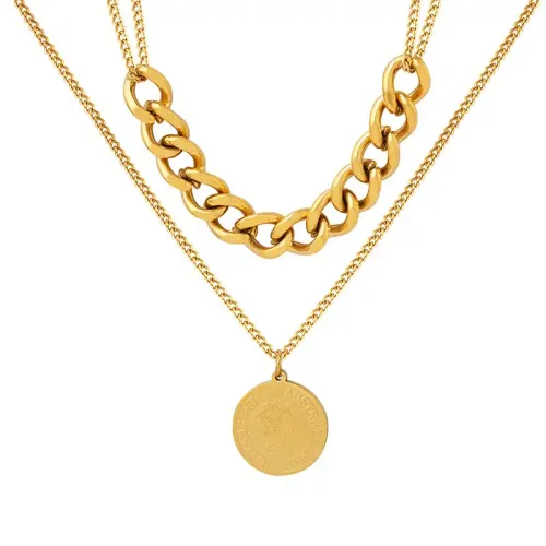 FXNT672 Double-Layered Queen Pendant & Splicing Chain Necklace Hip-Hop Winter Sweater Accessory