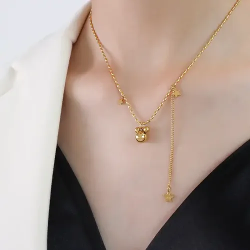 FXNT806 18K Gold Little Mouse Jewelry Set with Rice Bead Necklace & Bracelet for Women