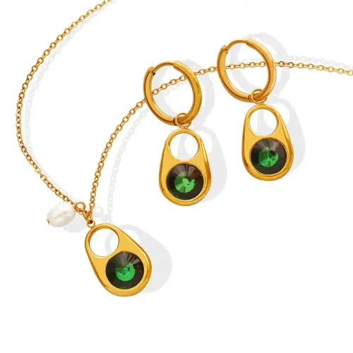 FXNT1040 Unisex Green Zirconia Inlaid Pull-Tab Necklace & Earrings Set, Fashion Jewelry