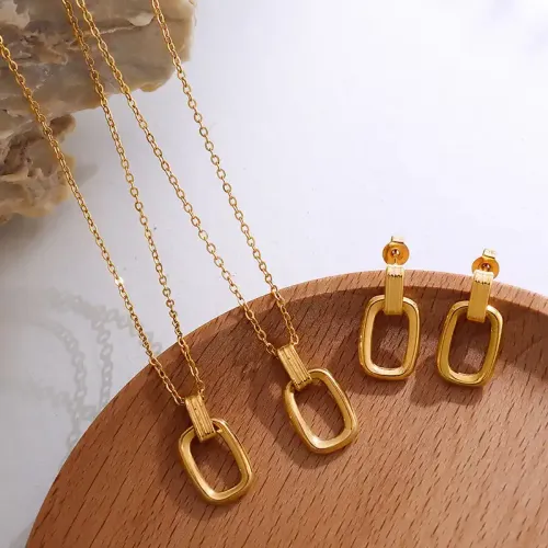 FXNT33 18K Real Gold-Plated Oval Pendant Necklace & Earrings Set Chic Fine Jewelry