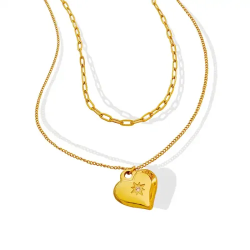 FXNT670 18K Gold Plated Double Layer Heart Pendant Necklace for Women Elegant Jewelry