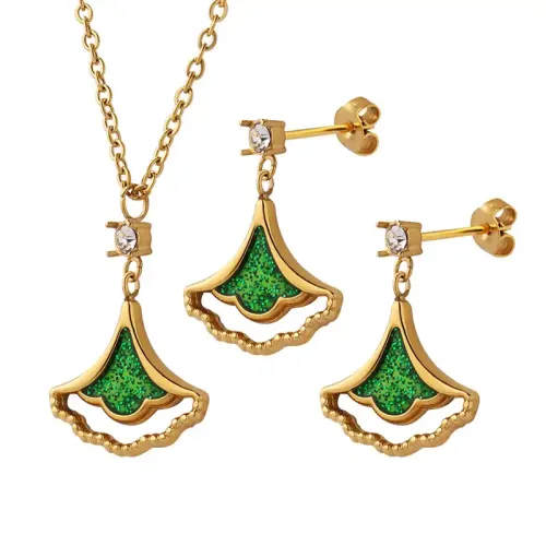 FXNT873 Green Zircon Ginkgo Leaf Jewelry Set Laser Flash Necklace & Earrings