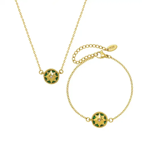 FXNT549 18K Gold Emerald Zirconia Necklace Bracelet Set Round Acrylic Pendant Jewelry
