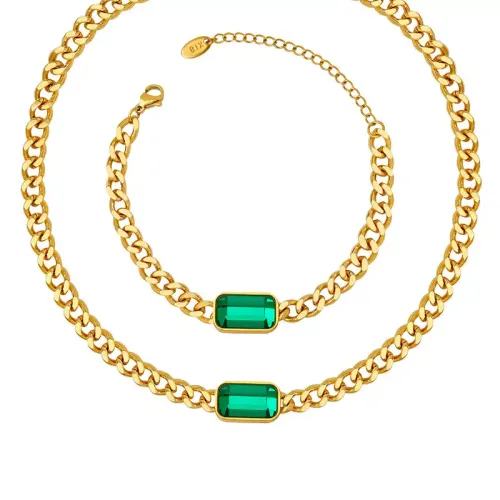 FXNT653 Hip Hop Green & Black Glass Stone Thick Cuban Chain Necklace Bracelet Set