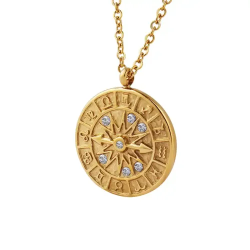 FXNT423 18K Gold-Plated Round Medal Zodiac Constellation Pendant with Zircon & Hour Hand