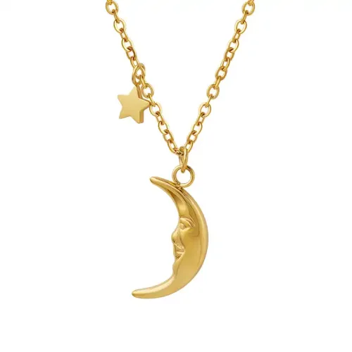 FXNT836 18K Gold Plated Star Moon Collarbone Pendant Necklace, Celestial Jewelry