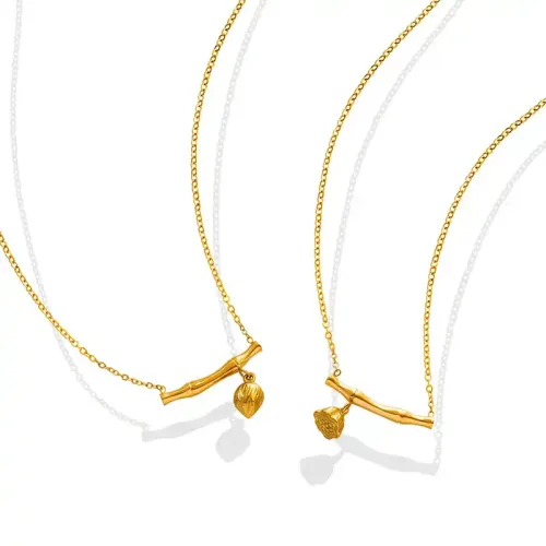 FXNT1049 18K Gold Plated Bamboo Lotus Level Pendant Necklace Jewelry