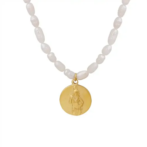 FXNT943 Unisex Handcrafted Gold Plated Medallion Portrait & Freshwater Pearl Beaded Necklace