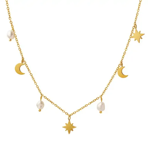 FXNT84 Women's Stars and Moon Tassel Collarbone Necklace with Natural Freshwater Pearls
