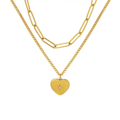 FXNT426 18K Gold Plated Double Layer Heart Star Zircon Pendant Necklace Elegant Jewelry