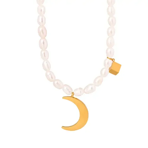 FXNT622 Women's Natural Freshwater Pearl Necklace with Electroplated Moon Pendant